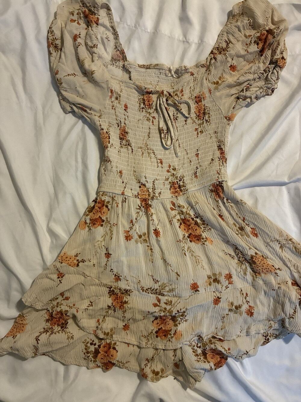 Beige Floral Smocked Puff Sleeve Chiffon Romper Dress S